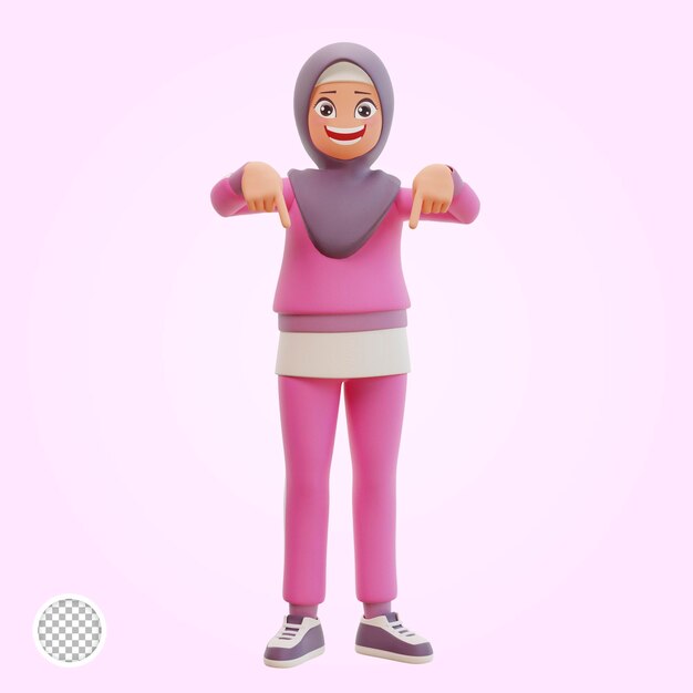 Young muslim woman sporty pointing down 3d cartoon illustration