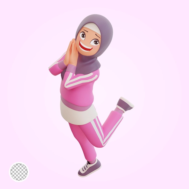 Young muslim woman sporty smiling posing happy 3d cartoon illustration