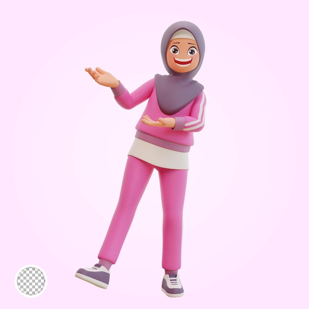 Young muslim woman sporty smiling posing happy 3d cartoon illustration