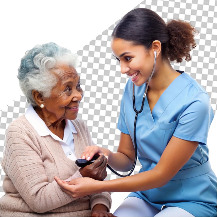 PSD young nurse measuring senior woman s blood pressure transparent background