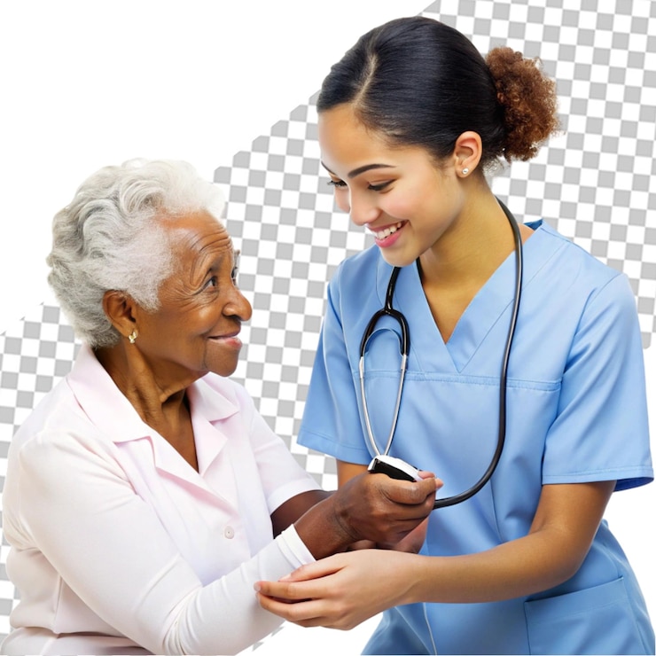 PSD young nurse measuring senior woman s blood pressure transparent background