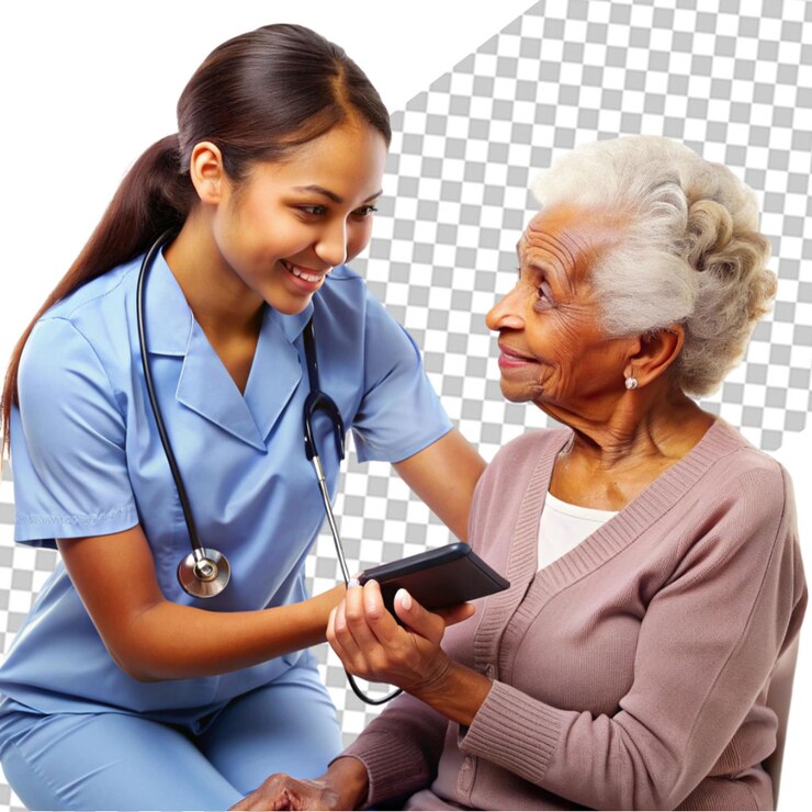 PSD young nurse measuring senior woman s blood pressure transparent background
