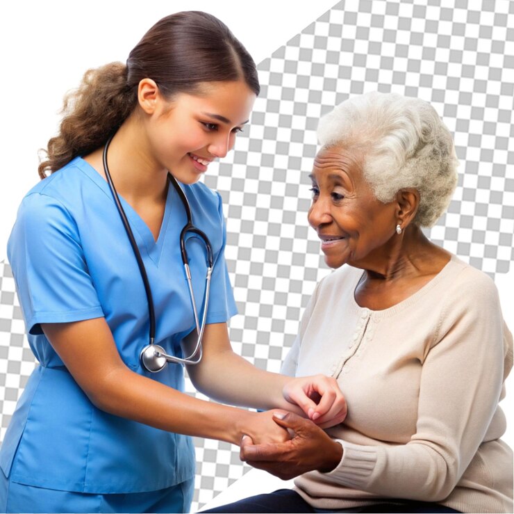 PSD young nurse measuring senior woman s blood pressure transparent background