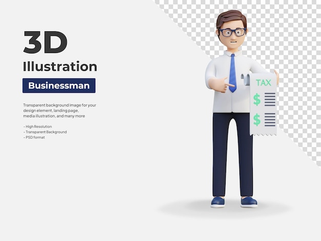 세금 보고서 참고 3d 캐릭터 일러스트를 들고 젊은 회사원
