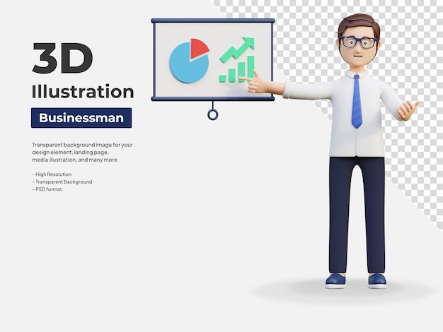 Young office worker presenting business report analytic 3d character illustration