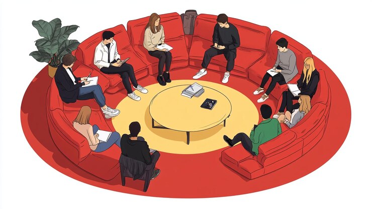PSD young people sitting in a circle on red couches participating in a discussion or study group