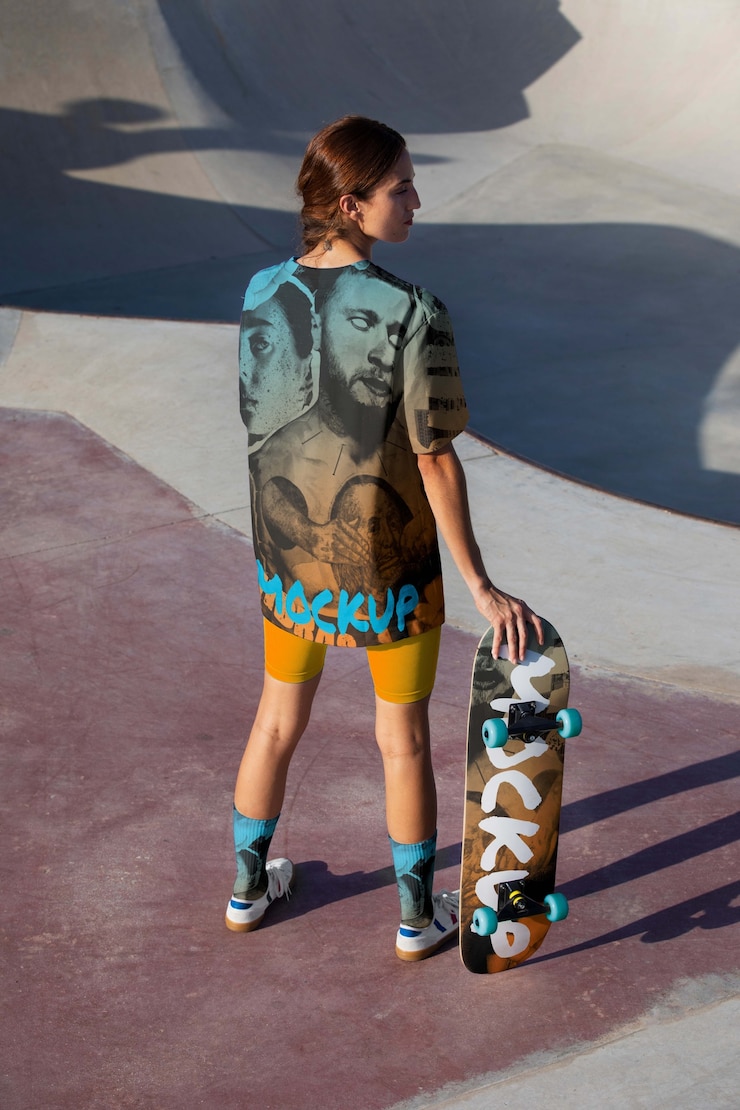 PSD young person with cool clothing holding skateboard outside