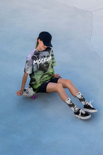 PSD young person with cool clothing holding skateboard outside