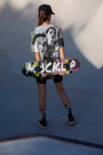 PSD young person with cool clothing holding skateboard outside