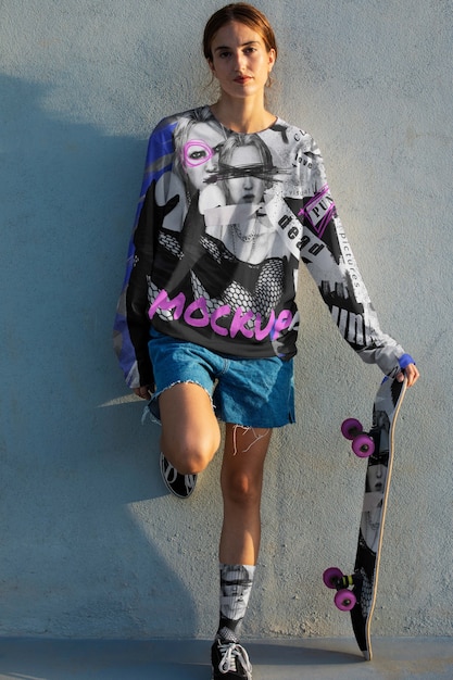 PSD young person with cool clothing holding skateboard outside