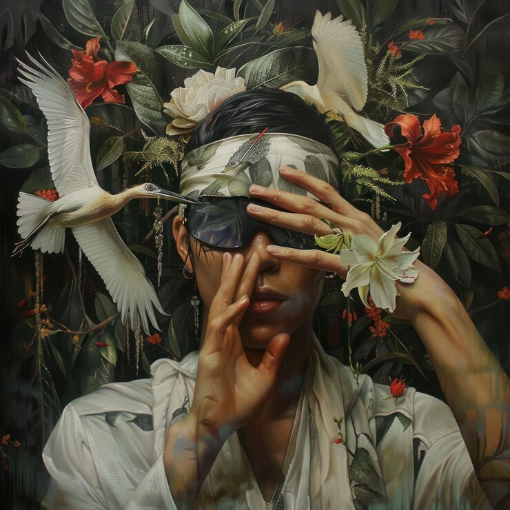 PSD a young person with their eyes covered by their hand surrounded by lush greenery white birds and flowers