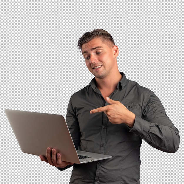Young pleased blonde handsome man holds and points at laptop isolated on violet background