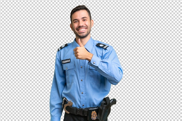 PSD giovane poliziotto caucasico su uno sfondo isolato che fa un gesto con il pollice in alto