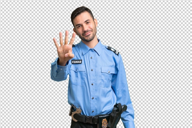 PSD giovane poliziotto uomo caucasico su sfondo isolato felice e contare quattro con le dita