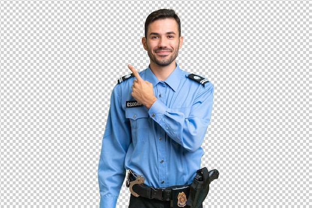 Young police caucasian man over isolated background pointing to the side to present a product