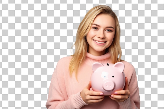 Young pretty blonde girl holding a piggybank on isolated chroma key background