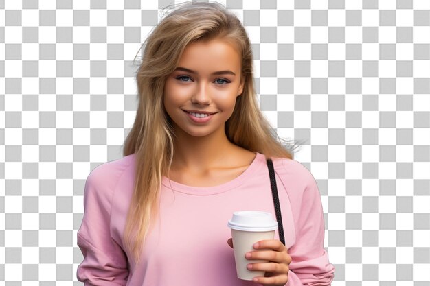 PSD young pretty blonde girl holding a take away coffee on isolated chroma key background