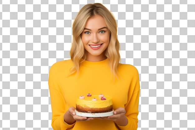 PSD young pretty blonde girl on isolated chroma key background holding cake