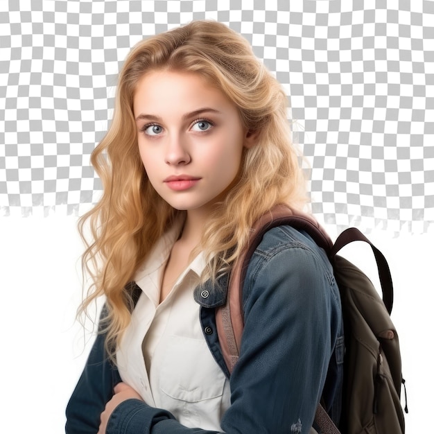 PSD young pretty blonde girl student before class isolated on transparent background