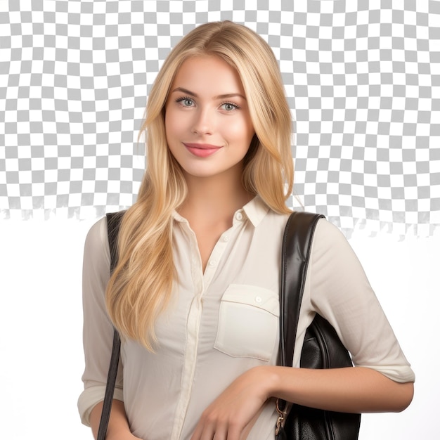 PSD young pretty blonde girl student before class isolated on transparent background