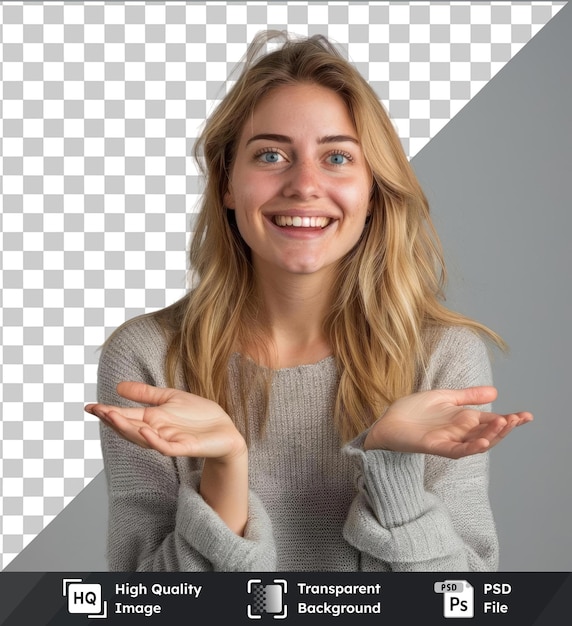 PSD young pretty blonde woman smiling feeling happy positive and satisfied holding or showing object or concept on copy space business concept