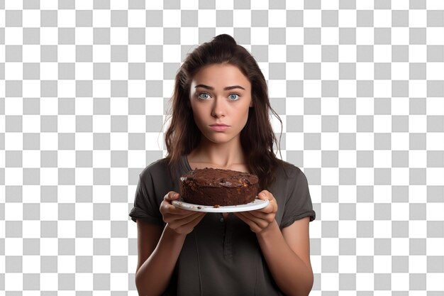 PSD young pretty brunette girl on isolated chroma key background holding cake