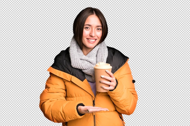 young pretty hispanic woman with a take away coffee and wearing an anorak