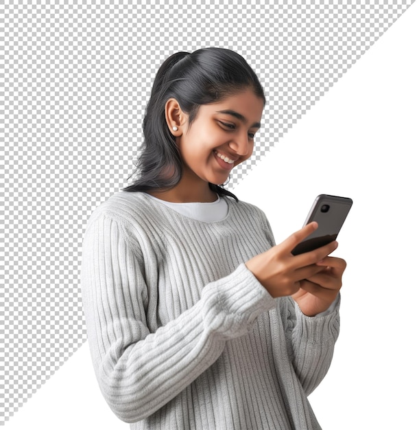 PSD young pretty indian girl holding her phone excitedly