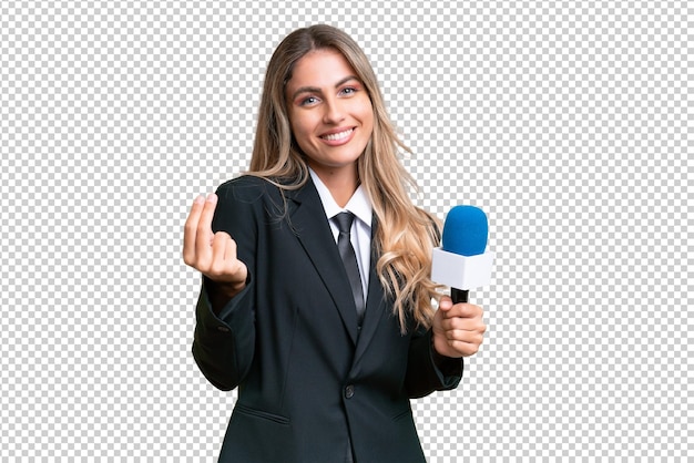 PSD young pretty uruguayan tv presenter over isolated background making money gesture