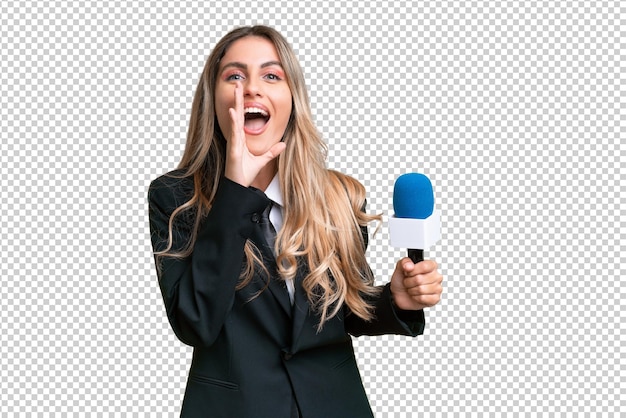 Young pretty Uruguayan tv presenter over isolated background shouting with mouth wide open