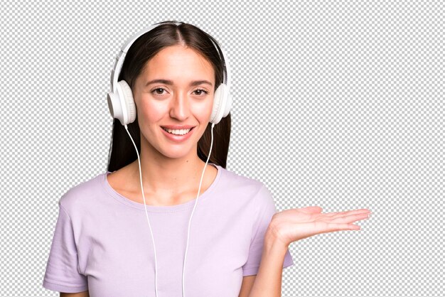 PSD young pretty woman listening music with her headphones