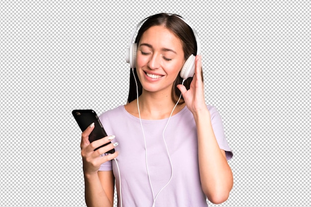 PSD young pretty woman listening music with her headphones