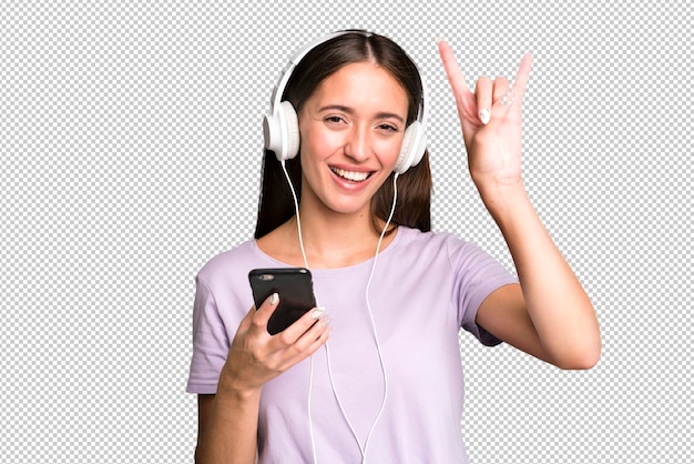 PSD young pretty woman listening music with her headphones