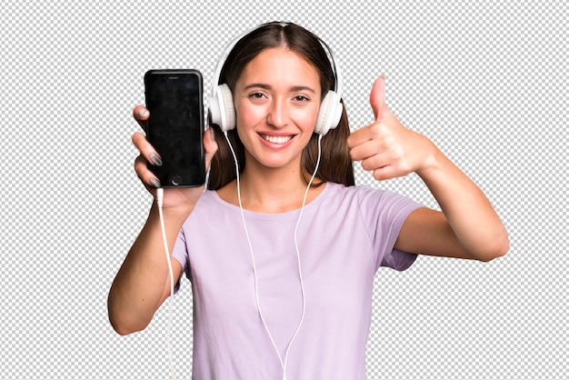 PSD young pretty woman listening music with her headphones