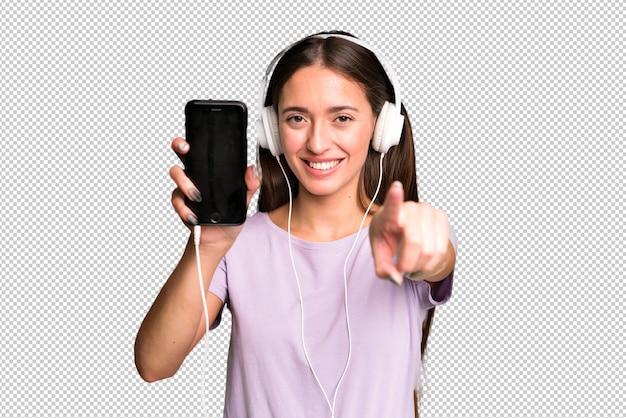 PSD young pretty woman listening music with her headphones