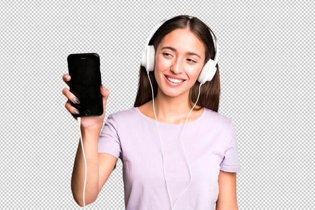 PSD young pretty woman listening music with her headphones