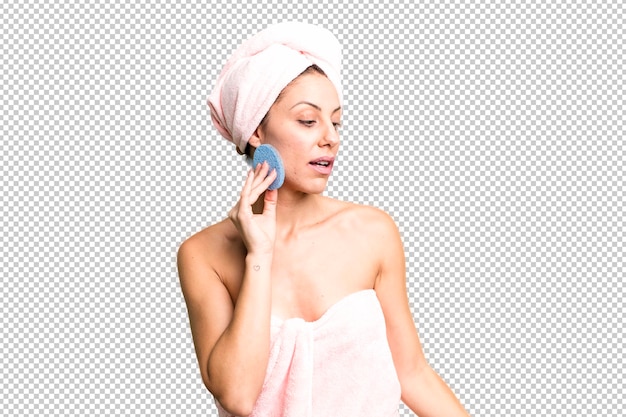 young pretty woman wearing bathrobe and making up concept