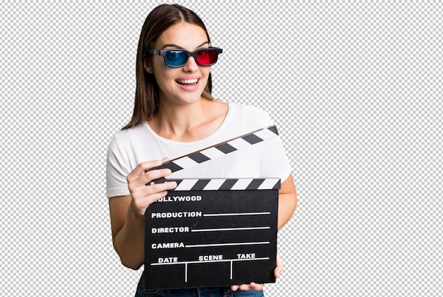 PSD young pretty woman with a cinema clapper film or movie concept