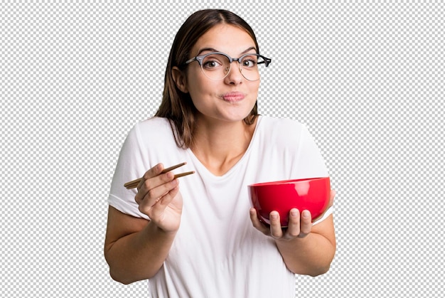 Молодая красивая женщина с японской лапшой ramen bolw