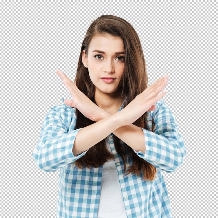 PSD young pretty young woman cross her arms to show gesture no