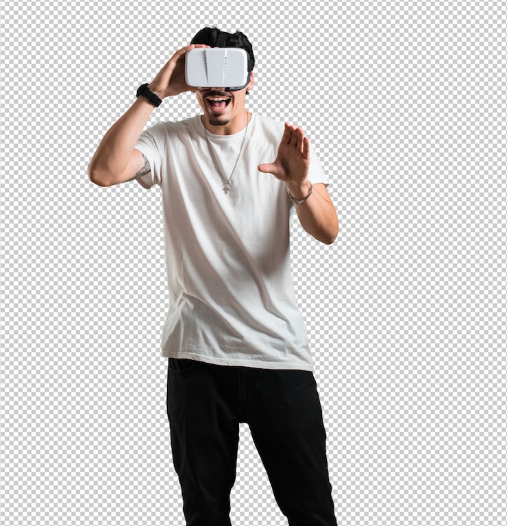 PSD young rapper man excited and entertained, playing with virtual reality glasses, exploring a fantasy world, trying to touch something