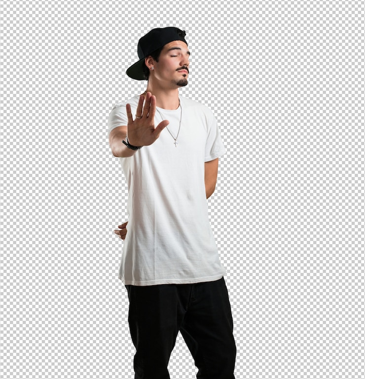 PSD young rapper man serious and determined, putting hand in front, stop gesture