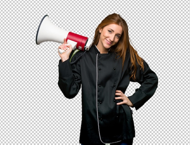 PSD young redhead chef woman holding a megaphone