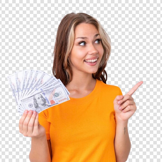 Young Russian girl holding dollars isolated on transparent