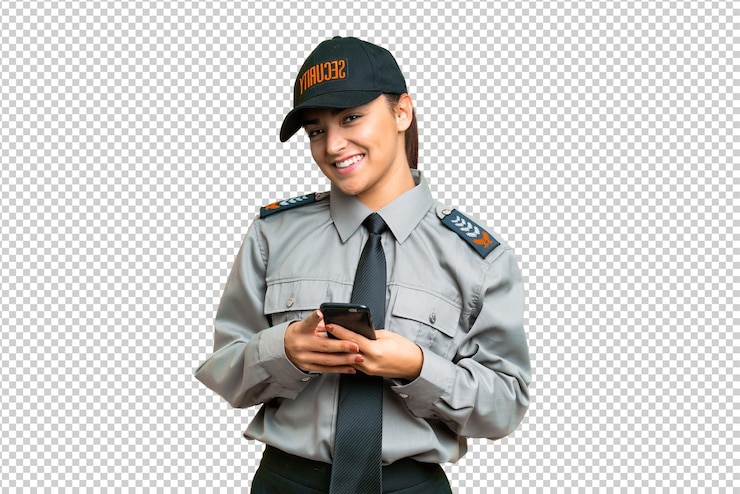PSD young safeguard woman over isolated chroma key background sending a message with the mobile
