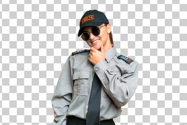 young safeguard woman over isolated chroma key background with glasses and smiling