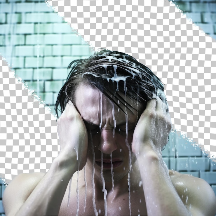 PSD young shirtless male model washing hair in trendy subway tile wet shower isolated on transparent ba