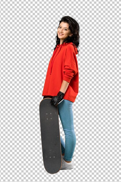 Young skater woman with red sweatshirt