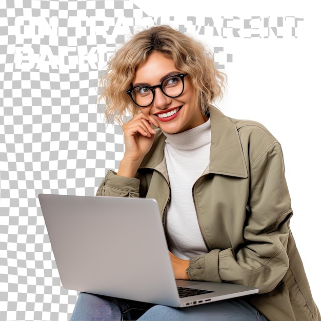 PSD young smiling caucasian student freelancer woman using laptop for remote work elearning at univers