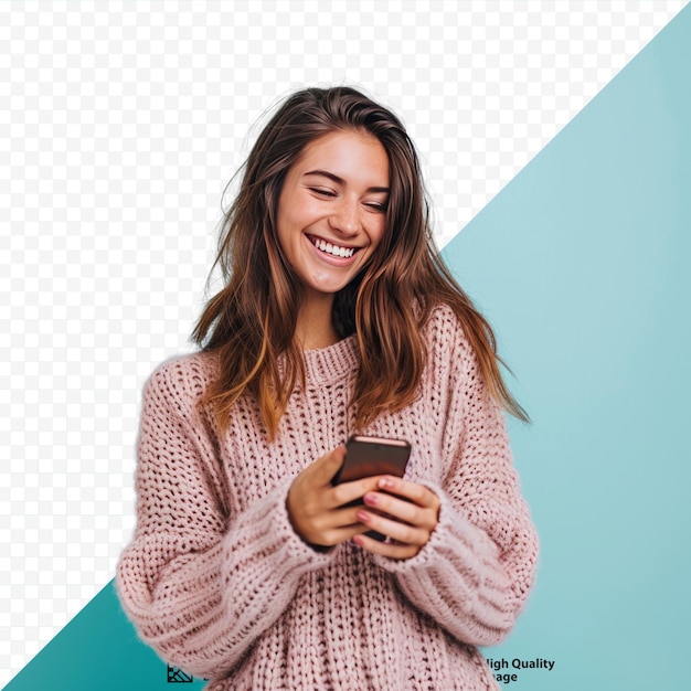 Young smiling happy fun caucasian woman wear knitted sweater hold in hand use mobile cell phone chatting isolated on plain pastel light blue cyan isolated background studio portrait people life